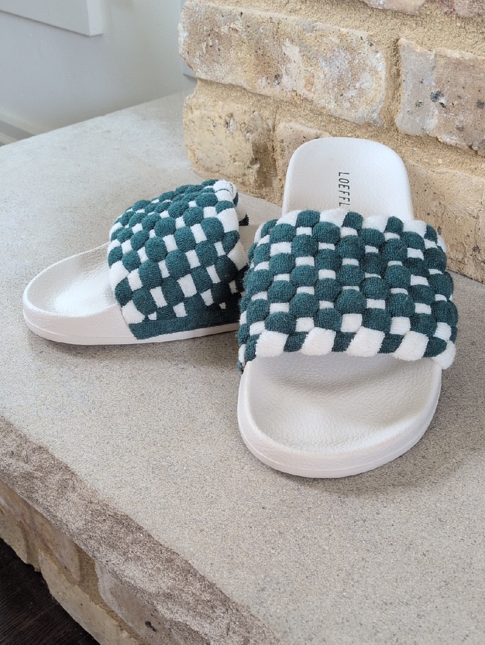 LOEFFLER RANDALL I Sonnie Woven Green & White Terry Fabric Slide Sandals, 10